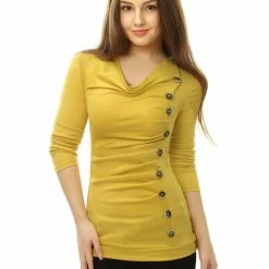 Women Allegra K Cowl Neck Long Sleeves Buttons Decor Ruched Top 167 Women Allegra K Cowl Neck Long Sleeves Buttons Decor Ruched Top