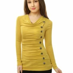 Women Allegra K Cowl Neck Long Sleeves Buttons Decor Ruched Top 168 Women Allegra K Cowl Neck Long Sleeves Buttons Decor Ruched Top