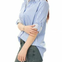 Allegra K Button Down Vertical Stripes Long Roll Up Sleeves Shirt Women