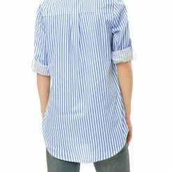 Allegra K Button Down Vertical Stripes Long Roll Up Sleeves Shirt Women