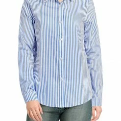 Allegra K Button Down Vertical Stripes Long Roll Up Sleeves Shirt Women