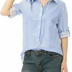 Allegra K Button Down Vertical Stripes Long Roll Up Sleeves Shirt Women