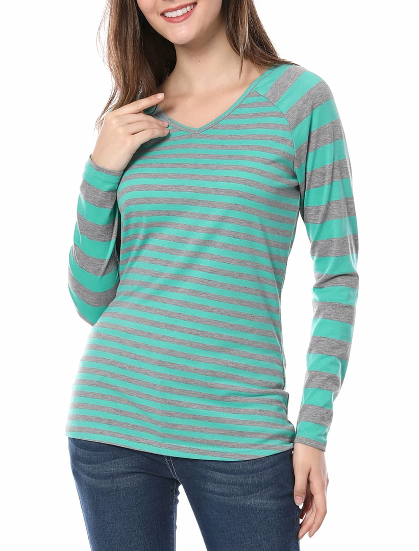 Allegra K Striped Long Raglan Sleeves V Neck Tee Shirt 32 Allegra K Striped Long Raglan Sleeves V Neck Tee Shirt
