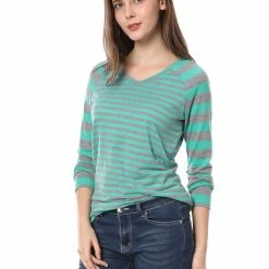Allegra K Striped Long Raglan Sleeves V Neck Tee Shirt 79 Allegra K Striped Long Raglan Sleeves V Neck Tee Shirt