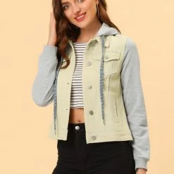 Women Allegra K Washed Denim Jacket With A Hood And Sleeves In Sweatshirt Fabric 96 Women Allegra K Washed Denim Jacket With A Hood And Sleeves In Sweatshirt Fabric