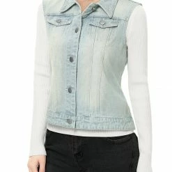 Allegra K Women's Washed Denim Buttoned Vest W Flap Pockets