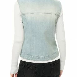 Allegra K Women's Washed Denim Buttoned Vest W Flap Pockets
