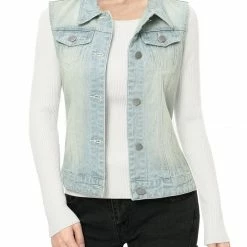 Allegra K Women's Washed Denim Buttoned Vest W Flap Pockets
