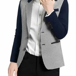 Allegra K Y83 Men Houndstooth Long Sleeve Padded Shoulder Single Breasted Blazer