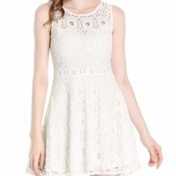 Allegra K Women's Floral Lace Sleeveless Semi Sheer Yoke Flare Mini Dress