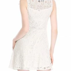 Allegra K Women's Floral Lace Sleeveless Semi Sheer Yoke Flare Mini Dress