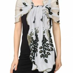 Allegra K Accessories Women Rectangle Semi Sheer Floral Peacock Pattern Mesh Scarf