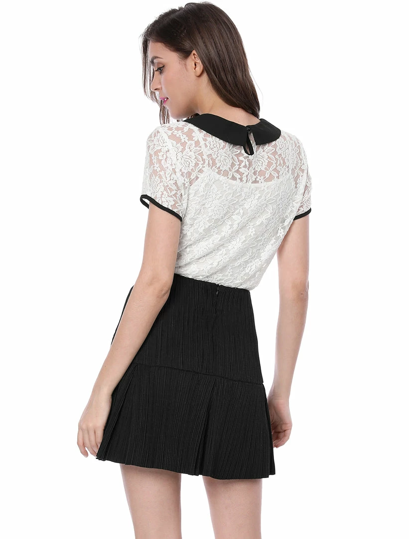 Allegra K Women's Contrast Doll Collar Short Sleeve Tops Sheer Lace Top 56 Allegra K Women's Contrast Doll Collar Short Sleeve Tops Sheer Lace Top