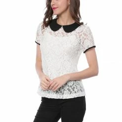 Allegra K Women's Contrast Doll Collar Short Sleeve Tops Sheer Lace Top 113 Allegra K Women's Contrast Doll Collar Short Sleeve Tops Sheer Lace Top