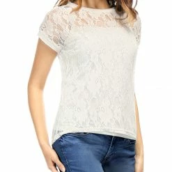Allegra K Curved Hem Sheer Short Sleeves Floral Lace Top