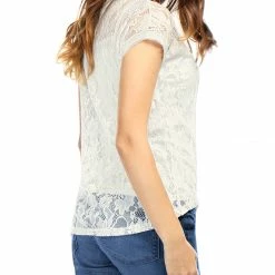 Allegra K Curved Hem Sheer Short Sleeves Floral Lace Top