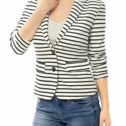 Women Allegra K Two Button Clouser Striped Blazer With Shaped Shawl Collar