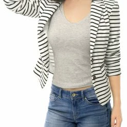 Women Allegra K Two Button Clouser Striped Blazer With Shaped Shawl Collar