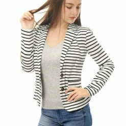 Women Allegra K Two Button Clouser Striped Blazer With Shaped Shawl Collar