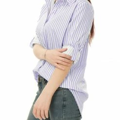 Allegra K Button Down Vertical Stripes Long Roll Up Sleeves Shirt Women