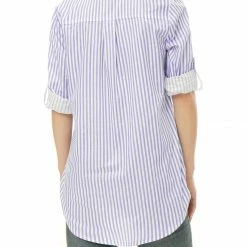 Allegra K Button Down Vertical Stripes Long Roll Up Sleeves Shirt Women