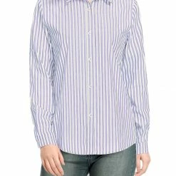 Allegra K Button Down Vertical Stripes Long Roll Up Sleeves Shirt Women