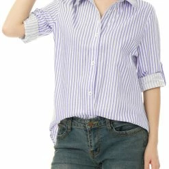 Allegra K Button Down Vertical Stripes Long Roll Up Sleeves Shirt Women