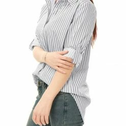 Allegra K Button Down Vertical Stripes Long Roll Up Sleeves Shirt Women