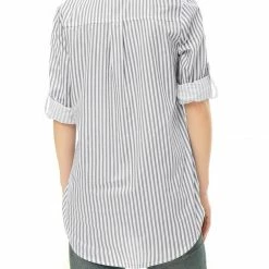 Allegra K Button Down Vertical Stripes Long Roll Up Sleeves Shirt Women