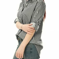 Allegra K Button Down Vertical Stripes Long Roll Up Sleeves Shirt Women