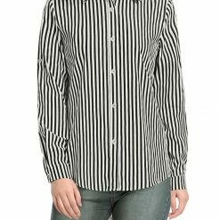Allegra K Button Down Vertical Stripes Long Roll Up Sleeves Shirt Women