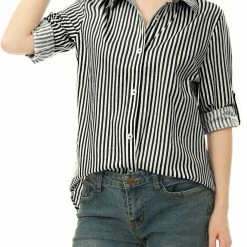 Allegra K Button Down Vertical Stripes Long Roll Up Sleeves Shirt Women