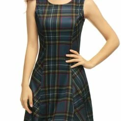 Allegra K Women Round Neck Sleeveless Plaids Mini A Line Dress