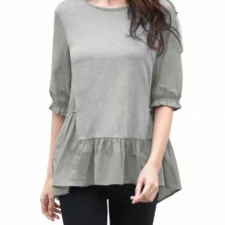 Allegra K Women Ruffled High-Low Hem 1/2 Sleeves Paneled Tunic Top