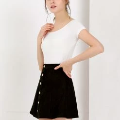 Allegra K Women's Faux Suede Single Breasted Front Button Mid Rise Mini A-Line Skirt