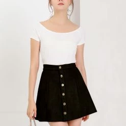 Allegra K Women's Faux Suede Single Breasted Front Button Mid Rise Mini A-Line Skirt