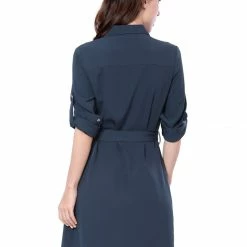 Allegra K Women's Roll Up Sleeves Multi-Pocket Knee Length Belted Shirt Dress