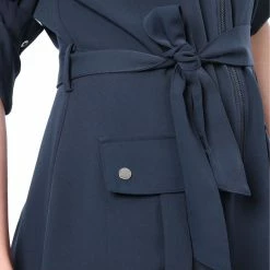 Allegra K Women's Roll Up Sleeves Multi-Pocket Knee Length Belted Shirt Dress