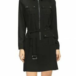 Allegra K Women's Roll Up Sleeves Multi-Pocket Knee Length Belted Shirt Dress