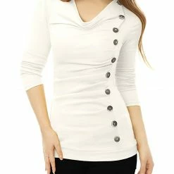 Women Allegra K Cowl Neck Long Sleeves Buttons Decor Ruched Top 162 Women Allegra K Cowl Neck Long Sleeves Buttons Decor Ruched Top