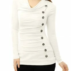 Women Allegra K Cowl Neck Long Sleeves Buttons Decor Ruched Top 163 Women Allegra K Cowl Neck Long Sleeves Buttons Decor Ruched Top