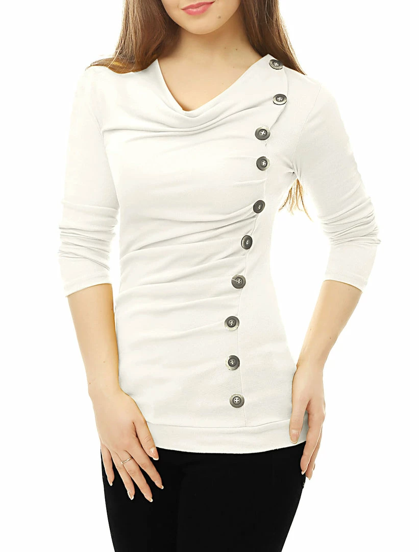 Women Allegra K Cowl Neck Long Sleeves Buttons Decor Ruched Top 77 Women Allegra K Cowl Neck Long Sleeves Buttons Decor Ruched Top