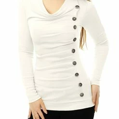 Women Allegra K Cowl Neck Long Sleeves Buttons Decor Ruched Top 161 Women Allegra K Cowl Neck Long Sleeves Buttons Decor Ruched Top