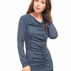 Women Allegra K Cowl Neck Long Sleeves Buttons Decor Ruched Top 156 Women Allegra K Cowl Neck Long Sleeves Buttons Decor Ruched Top