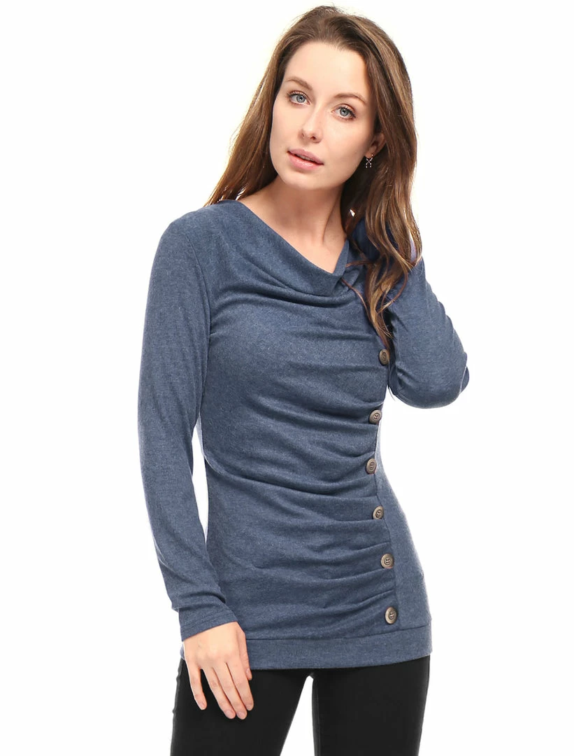 Women Allegra K Cowl Neck Long Sleeves Buttons Decor Ruched Top 69 Women Allegra K Cowl Neck Long Sleeves Buttons Decor Ruched Top