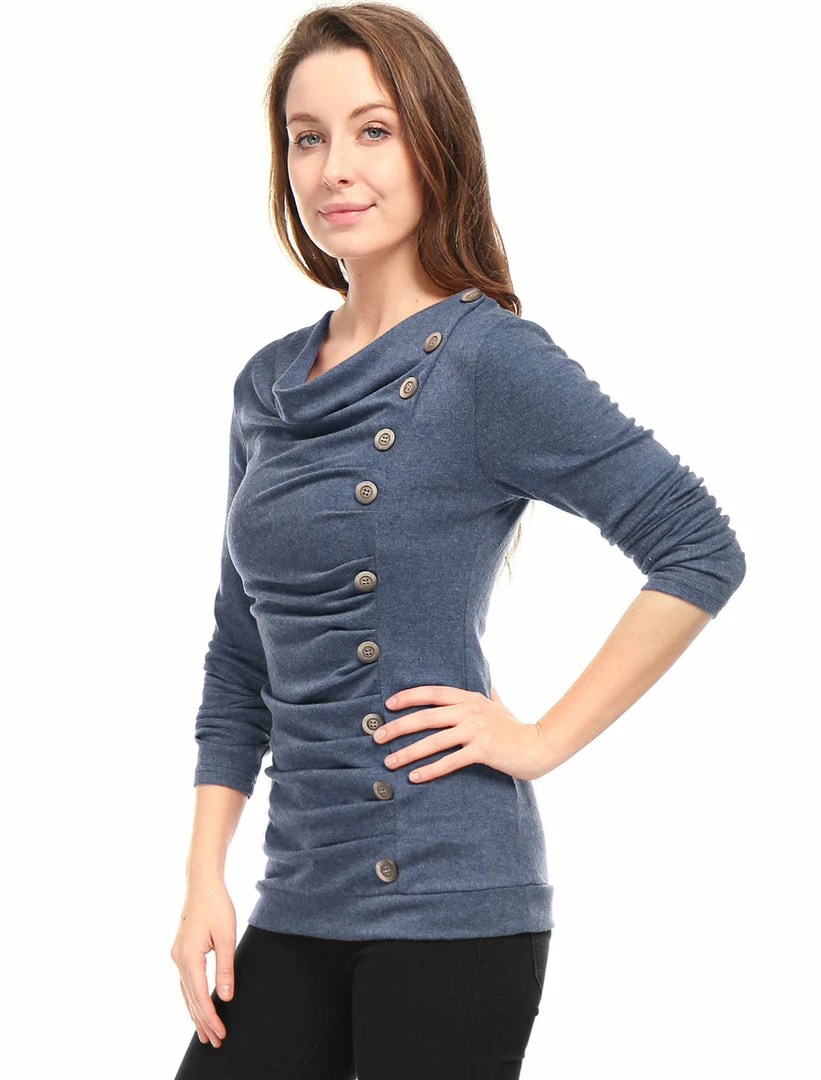 Women Allegra K Cowl Neck Long Sleeves Buttons Decor Ruched Top 71 Women Allegra K Cowl Neck Long Sleeves Buttons Decor Ruched Top