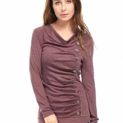 Women Allegra K Cowl Neck Long Sleeves Buttons Decor Ruched Top 151 Women Allegra K Cowl Neck Long Sleeves Buttons Decor Ruched Top