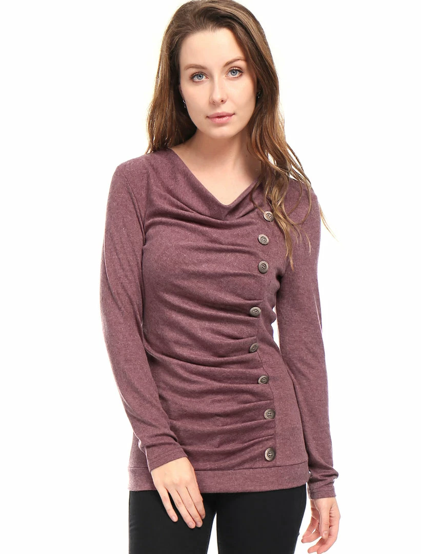 Women Allegra K Cowl Neck Long Sleeves Buttons Decor Ruched Top 64 Women Allegra K Cowl Neck Long Sleeves Buttons Decor Ruched Top