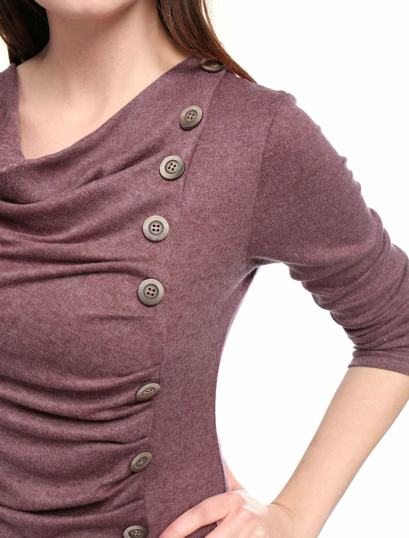 Women Allegra K Cowl Neck Long Sleeves Buttons Decor Ruched Top 67 Women Allegra K Cowl Neck Long Sleeves Buttons Decor Ruched Top