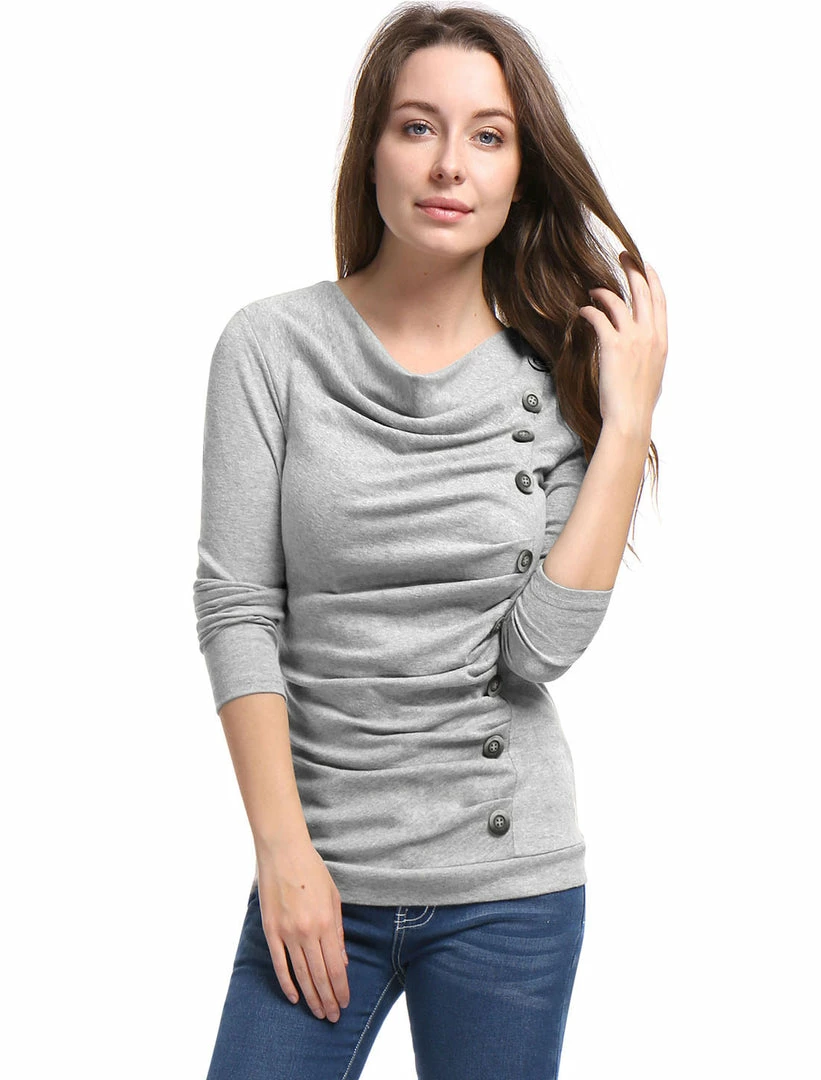 Women Allegra K Cowl Neck Long Sleeves Buttons Decor Ruched Top 57 Women Allegra K Cowl Neck Long Sleeves Buttons Decor Ruched Top